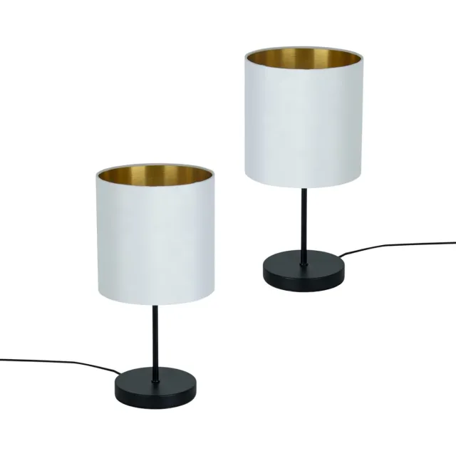 Trango Set van 2 Bedlamp 2018-10W*2 *SOUL* Stoffen Kap Tafellamp in Wit-Goud incl. Kabelschakelaar & E27 Lamphouder Vensterbank Lamp, Nachtlamp, Bureaulamp, Tafellamp 2x Wit-Goud