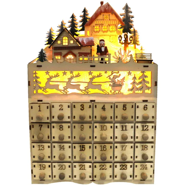 YAGXIG Houten Adventskalender - Kerstcountdown - LED-kerstdecoratie - Adventskalender op batterijen - Rendierdorp (batterijen niet inbegrepen) Hout kleur