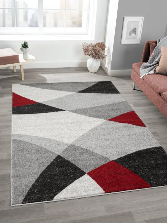 Mia´s Teppiche Mia’s Teppiche Modena – modern kortflor vloerkleed met contourensnede, golvend geometrisch patroon, grijs rood golvend, 80 x 140 cm