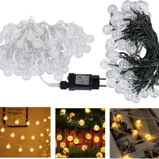 Froadp LED-bol lamp, 20 meter – 160 LED-kristallen bolletjes, warm wit licht, 8 standen, geschikt voor kerst, feestelijke gelegenheden en bruiloftsdecoratie (doorzichtige snoer)
