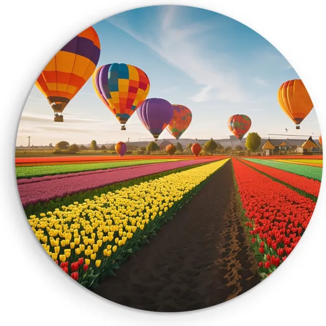 Saammp Forex Muurcirkel - Landschap - Luchtballonnen boven een tulpenveld - Natuur - Ø 50 - Wandcirkel - Wanddecoratie Cirkel - Muurdecoratie Woonkamer - Slaapkamer decoratie - Rond Schilderij