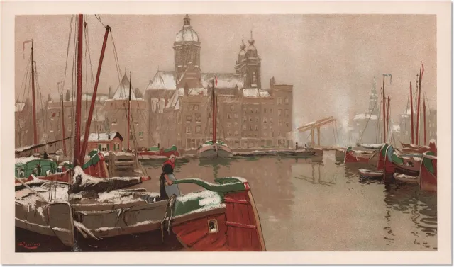 Henri Cassiers Chromolithografie (steendruk) van Amsterdam Sint Nicolaaskerk - ca. 1930 Multicolor