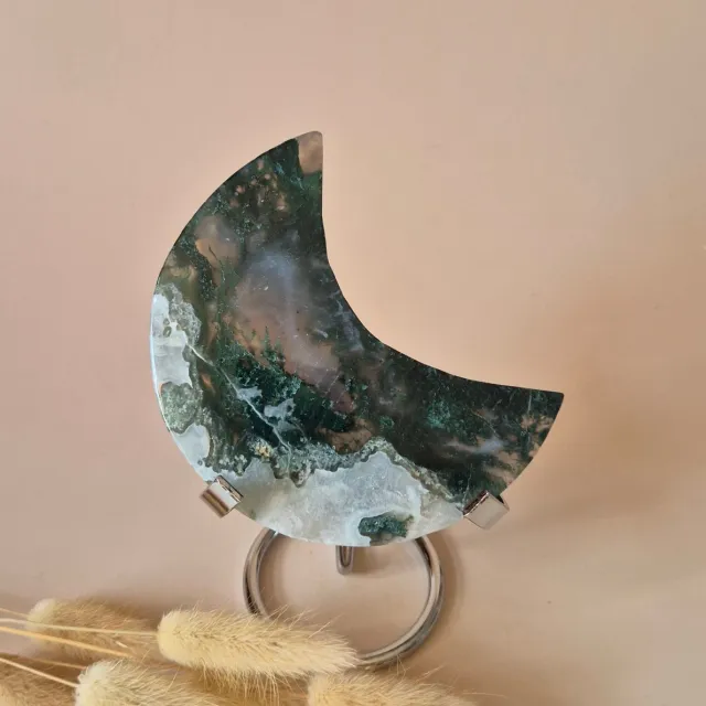 Moonlight Gemstones XL Edelsteen Mosagaat Maan op Standaard (Druzy & Patronen) #163 - 150g