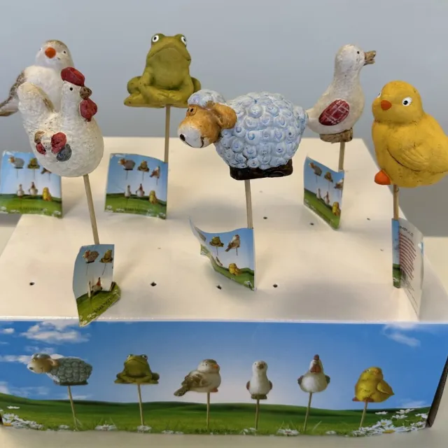 Impuls Decoratieve stekers "dieren" - Set van 6 stuks - schaap/kikker/vogels/gans en haan - meerkleurig - keramiek - 6.5 x 3.5 x lengte 23 cm - Woonaccessoires - Decoratieve stekers - Tuinaccessoires - Kerst accessoires