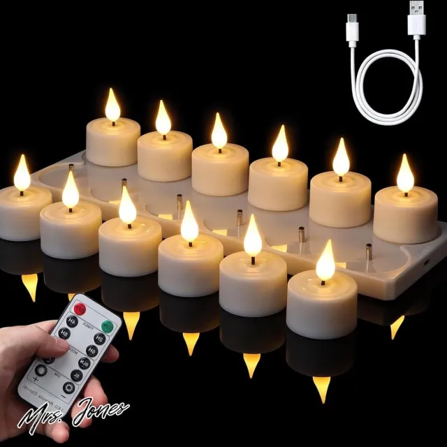 Mrs. Jones Oplaadbare LED-theelichtjes met Afstandsbediening en Timer - Elektrische Kaarsen Flikkeren Warm Wit Dimbaar met USB-kabel 4 x 55 cm (diameter x hoogte) . multi color