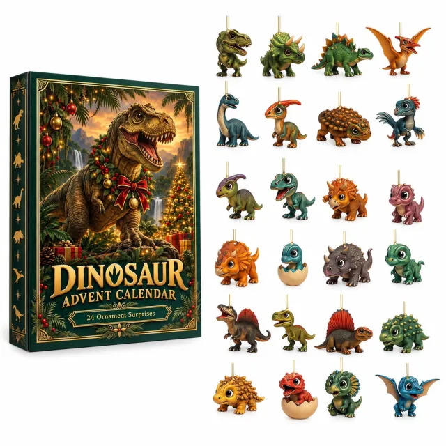 SWGOTA Adventskalender met 24 dinosaurusornamenten - met ophanglusjes voor de kerstboom - verpakking 26 x 18 x 3 cm Multicolor