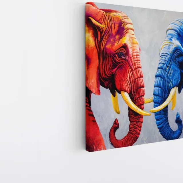Saammp Canvas Schilderij - Olifant - Rood - Blauw - Dieren - 30x30 - Foto op canvas - Wanddecoratie - Muurdecoratie Woonkamer - Slaapkamer decoratie - Canvas Print Multicolor