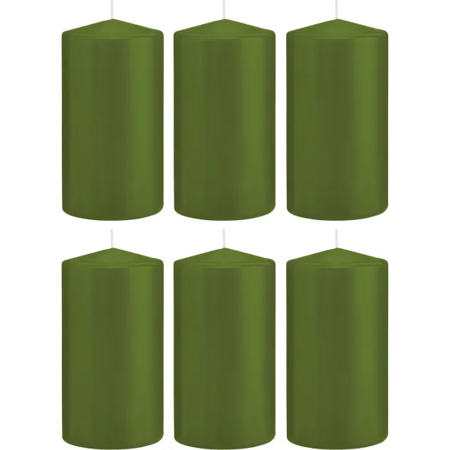 Trend Candles Cilinderkaars/stompkaars - 6x - olijfgroen - 8 x 15 cm - 69 branduren - horeca kaarsen