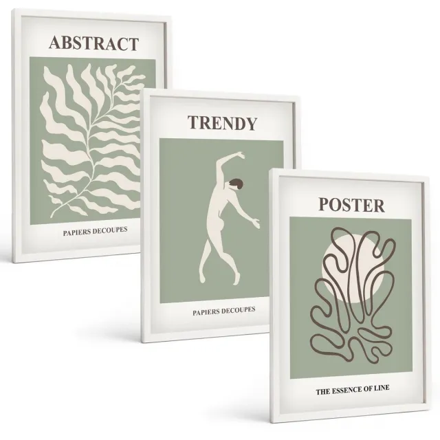 Coloray 3-Delige Schilderij Set - Plantenpatronen In Groene Tinten Van Henri Matisse - 40 x 60 - Muurdecoratie - Schilderijen Set - Woonkamer - Decoratieve Schilderijen Witte lijst
