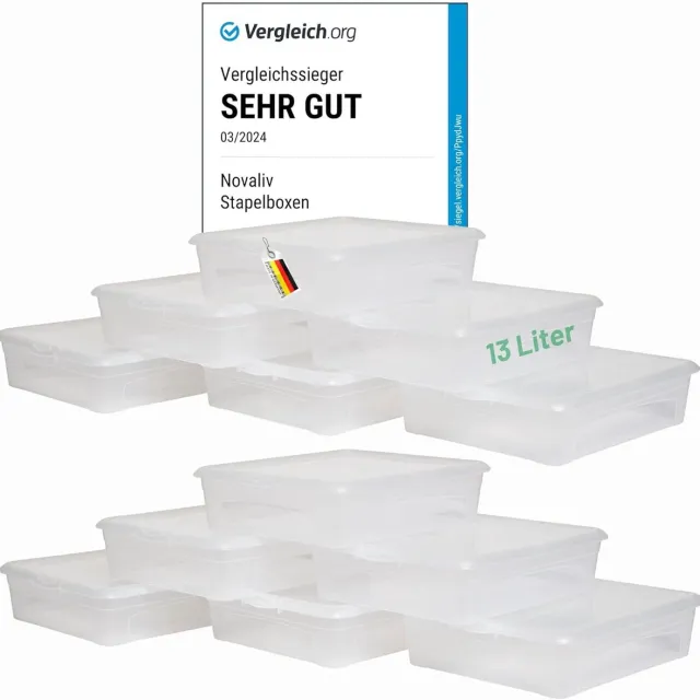 Novaliv 12x opbergdozen met deksel 13L transparante dozen stapelbaar nestbaar opbergdozen met clipsluiting kunststof BPA-vrij 41x34x10 cm zwart