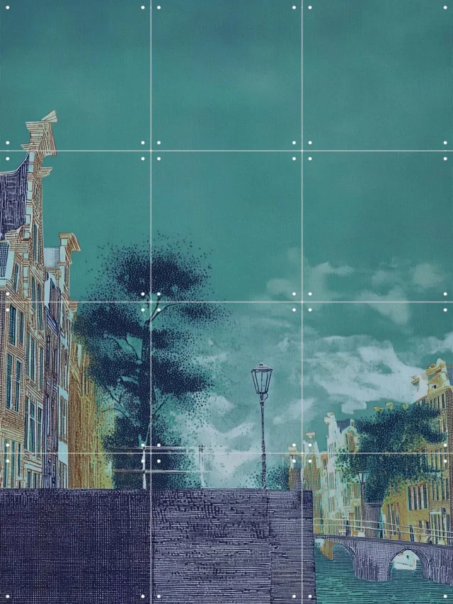 IXXI Amsterdam 1, Artclaud - 60 x 80 cm - Grote wanddecoratie en posters - Surrealisme, Kleurrijk, Street art, Fantasierijk, Speels, Typografie Blauw / Groen