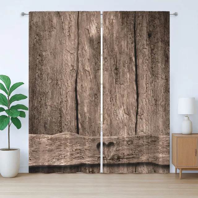 ABAKUHAUS Rustiek gordijn in primitieve landelijke stijl, hart op hout, slaapkamergordijn met plooien, lussen en haken, 280 x 245 cm, okerbruin
