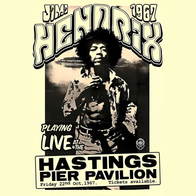 superdoughhook.com Affiche Poster van Jimi Hendrix, aankondiging van een concert in Hastings UK in 1967. creme', zwart