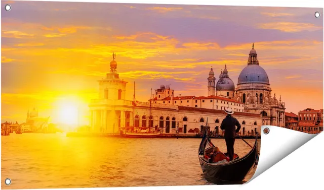 Gards Tuinposter Gondel in Veneti� voor het Basiliek - 100x50 cm - Tuindoek - Tuindecoratie - Wanddecoratie buiten - Tuinschilderij Multikleur
