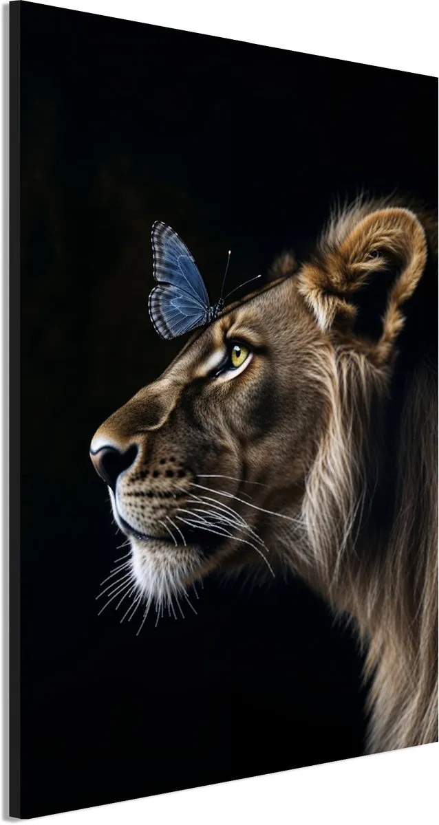 De Online Drukwinkel Wanddecoratie Metaal - Aluminium Schilderij Majestueuze stille kracht - 90 x 60 cm - Leeuw - Muurdecoratie woonkamer en slaapkamer - Inclusief ophangsysteem - Modern - Modern - Displate alternatief Goudbruin