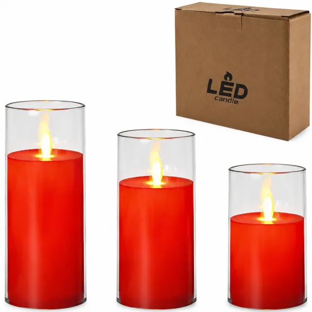 SWGOTA led kaarsen, set van 3 - rood met transparante kap en bewegende vlam, diameter 5,5 cm, hoogtes 10/12,5/15 cm, inclusief knoopcelbatterijen, in kartonnen doos