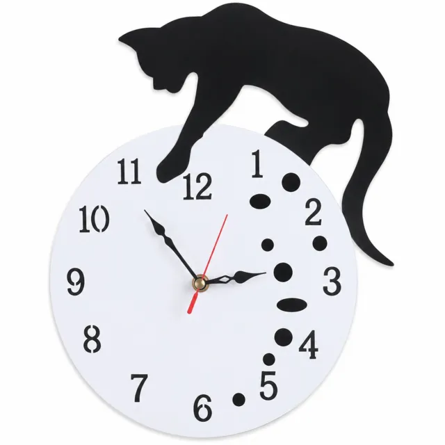 SWGOTA Acryl wandklok met kat en stippen, 30 x 25 cm, ronde wijzerplaat in zwart en wit
