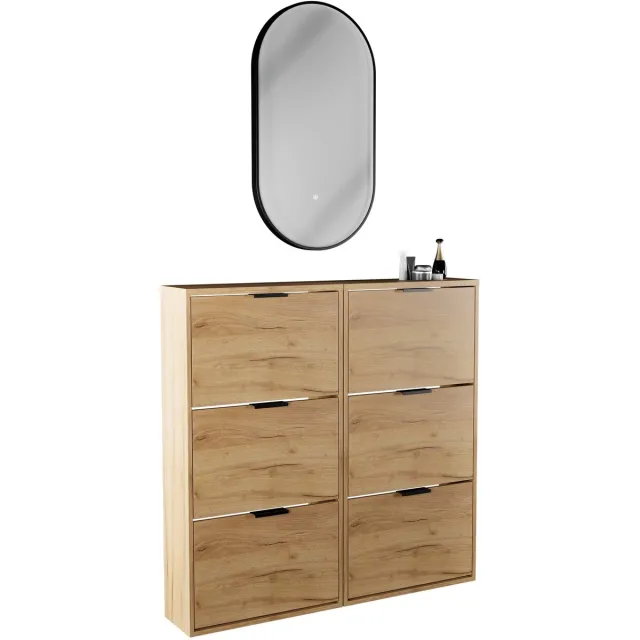 Planetmöbel STIVIO - Schoenenkastset 60 cm - Goud eiken - 3-delig - 2x 3 kleppen met LED-spiegel 3 kleppen, Goud eiken