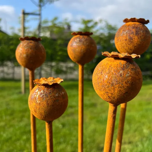 Diron tuinstaal - Set van 5 tuinstekers papaver - tuindecoratie - bloem - metaal roest patina - 95 cm lang. 5 stuks
