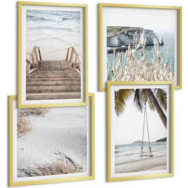 TULUP 4-Delige Schilderij Set - Strand met houten trap en een schommel aan zee - 40 x 40 cm en 40 x 60 cm - Moderne Wanddecoratie - Woonkamer - Woonkamer Decoratie Gouden lijst