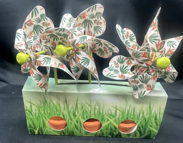 Impuls Set van 3 decoratieve windmolentjes in pot - kunststof+houten steker "wit + groen/oranje blaadjes"- meerkleurig + oranje potjes- dia 9 cm x hoogte 16 cm - Tuinaccessoires - tuinstekers Meerkleurig - Wit + groen en oranje blaadjes