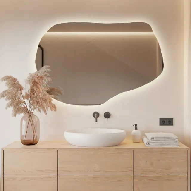 Coloray Toiletspiegel LED - Wandspiegel Slaapkamer Organisch LED - 70 cm x 45,5 cm - Organisch Gevormde LED Spiegel - Organische Spiegel Hal - Neutraal Licht - Organische Spiegel Met Verlichting - Boho LED Spiegel Neutraal Wit