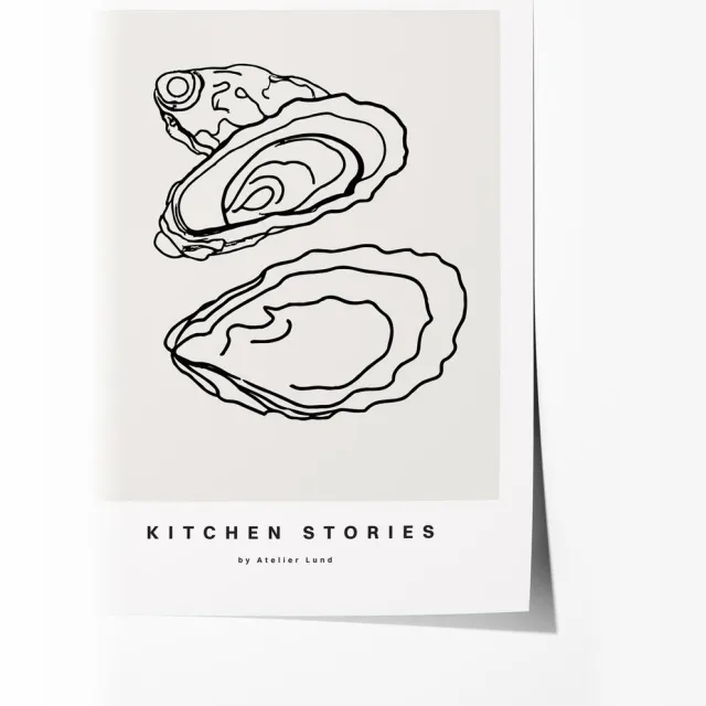 Keukenverhalen Oester Illustratie Poster - Poster 50x70 cm - Sfeervolle Wanddecoratie voor Woonkamer & Slaapkamer - Premium papier - zonder lijst Multicolor