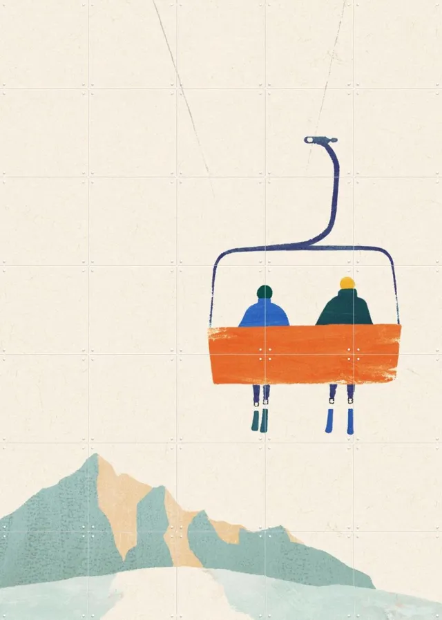 IXXI Ski Day 1 - Chairlift, Henry Rivers - 100 x 140 cm - Grote wanddecoratie en posters - Illustraties, Minimalisme, Speels, Digitale Kunst Rood / Beige / Oranje