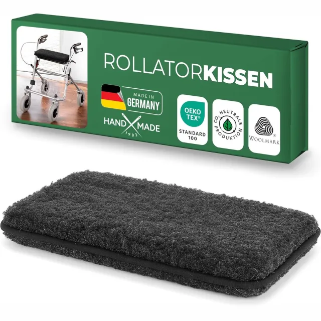 Novaliv Rollatorkussen Antraciet 100% zuivere scheerwol Warm & ademend 3 cm vulling 40 x 20 cm Bevestigingsriemen om wegglijden te voorkomen Stevig ontwerp Robuust Handwasbaar Rollatoraccessoire antraciet/zwart