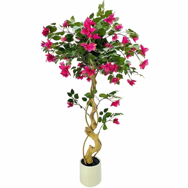 Happiq Kunst Bougainvillea Boom 120cm - Realistisch design met Zijdeachtige Bladeren - voor woonkamer en tuin - Wit Pot en Groen Kunststof - 150 cm
