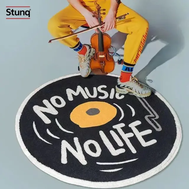 Stunq Vintage Vinyl Rond Vloerkleed - Muziek Thema Tapijt met Antislip Zwart