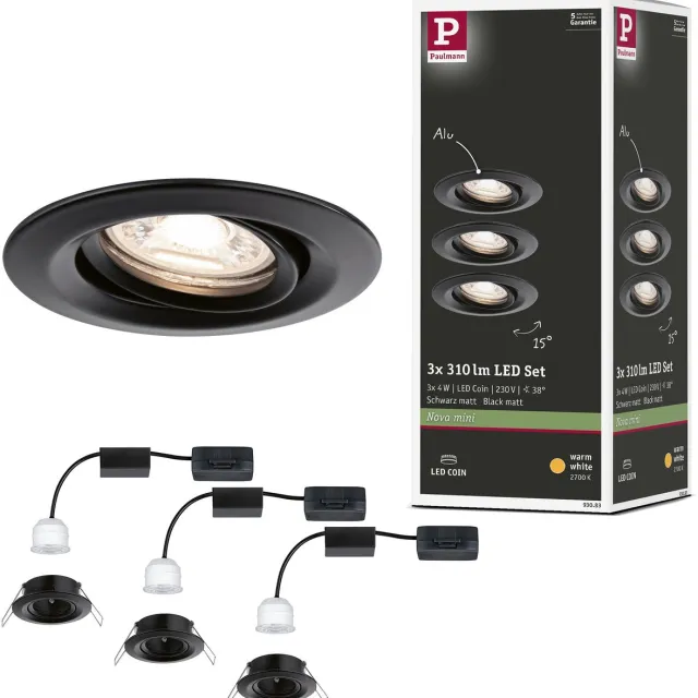 Paulmann LED-inbouwlamp Nova Mini Coin Basisset zwenkbaar rond 66 mm 15° Coin 3x4W 3x310lm 230V 2700K Zwart mat