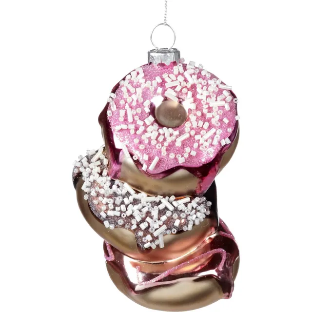 Viv! Christmas Kerstornament - Stapel donuts - glas - roze bruin - 12cm