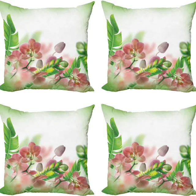 ABAKUHAUS Lente Sierkussen Kussenhoes 4er Set, Orchideen-Bloesems-Bladeren, Modern Accent Dubbelzijdige Digitale Print, 40 x 40 cm, Perzik Groen