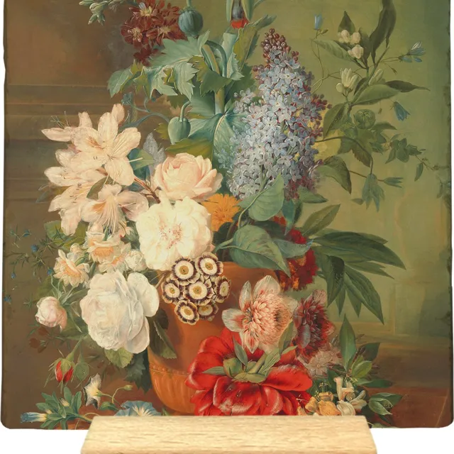 Artige Decoratie tegel - Vaas met bloemen - natuursteen - 10x10 cm - inclusief houder Groen