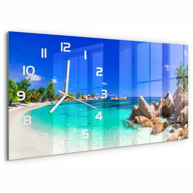 TULUP Wandklok - strand op de Seychellen Moderne Wandklok Glas - 60x30 cm - Blauw Wandklok Glas Decoratie - Witte handen - Rechthoekige Klok - Glazen Wandklok Design - Klok Glas Met Opdruk
