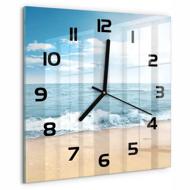 TULUP Wandklok - Strand Glazen Klok Met Print - 30x30 cm - Blauw Wandklok Glas Met Motief - Zwarte handen - Vierkante Klok - Wandklok Glas Decoratie - Gekleurde Glazen Klok