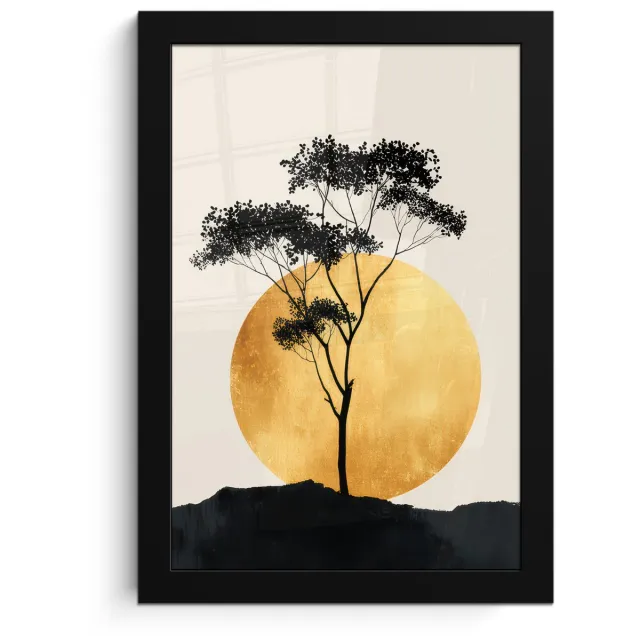 FrameYourWall Poster in lijst - Fotolijst 20x30 cm - Posters - Zwarte boom - Gouden cirkel - Heuvel - Posterlijst zwart - Decoratie - Wanddecoratie woonkamer - Muurdecoratie slaapkamer Boom - Cirkel - Heuvel