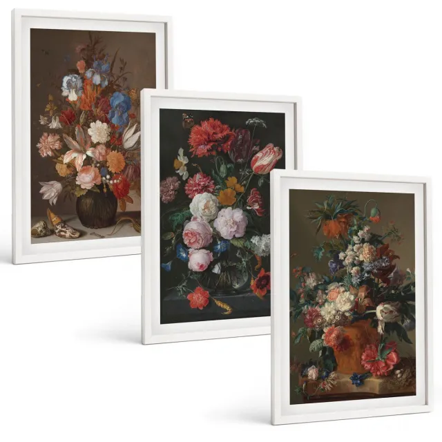 TULUP 3-Delige Schilderij Set - Bloemen in vazen: diverse vintage plantencomposities - 40x60 - Moderne Wanddecoratie - Slaapkamer - Stijlvolle Muurdecoratie Witte lijst