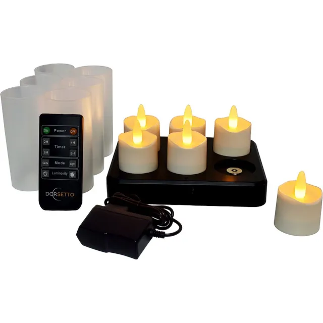 Dorsetto Oplaadbare LED-Waxine/Theelichtjes 6 stuks- tot 400 uur brandduur per laadbeurt - Waterdicht - Warm Wit - Met afstandsbediening - Horeca kaarsen - Realistische Vlam