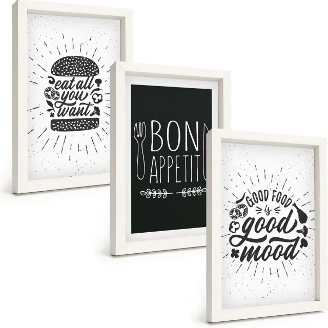 TULUP 3-Delige Schilderij Set - Voedselafbeeldingen en culinaire slogans - 20x30 - Decoratieve Schilderijen - Wanddecoratie - Hal - Woonkamer Decoratie Witte lijst