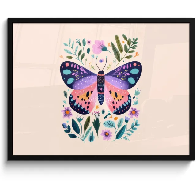 FrameYourWall Poster in lijst - Fotolijst 80x60 cm - Posters - Bloemen - Bladeren - Vlinder - Kleurrijk - Posterlijst zwart - Decoratie - Wanddecoratie woonkamer - Muurdecoratie slaapkamer Vlinder - Bloemen
