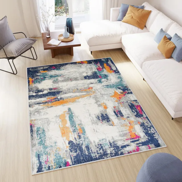 Tapiso Denver Vloerkleed Grijs Blauw Oranje Woonkamer Tapijt Maat- 180x250 Lichtgrijs Blauw