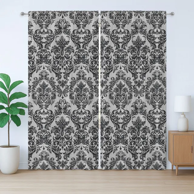 ABAKUHAUS Barok Rustiek Gordijn, Vintage Kantstijl, Slaapkamergordijn met Plooiing, Lusjes en Haken, 280 x 225 cm, Zwart-wit