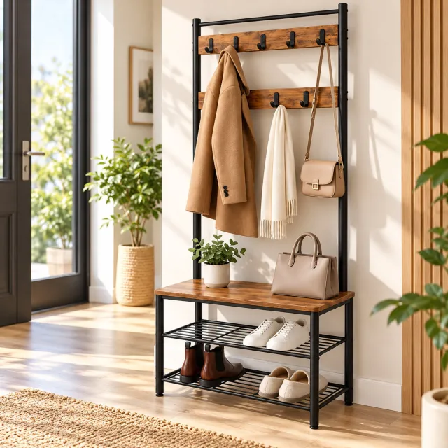 BOTC Kapstok met Schoenenrek - Kapstok Staand - 30 x 70 x 175 cm - Ophangstang - Bruin en Zwart