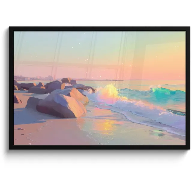 FrameYourWall Poster in lijst - Fotolijst 90x60 cm - Posters - Zomerlicht - Strand - Fonkelende accenten - Posterlijst zwart - Decoratie - Wanddecoratie woonkamer - Muurdecoratie slaapkamer Strand - Zee - Stad