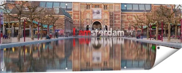 Gards Tuinposter Amsterdam Rijksmuseum - I Amsterdam Tekst - 150x50 cm - Tuindoek - Tuindecoratie - Wanddecoratie buiten - Tuinschilderij Multikleur