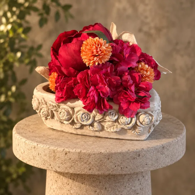 Seta Fiori Grafdecoratie Hart met Vogeltjes en Kunstbloemen 25 cm - Handgemaakt Uniek Exemplaar - Herdenkingsstuk - Fel roze en rood