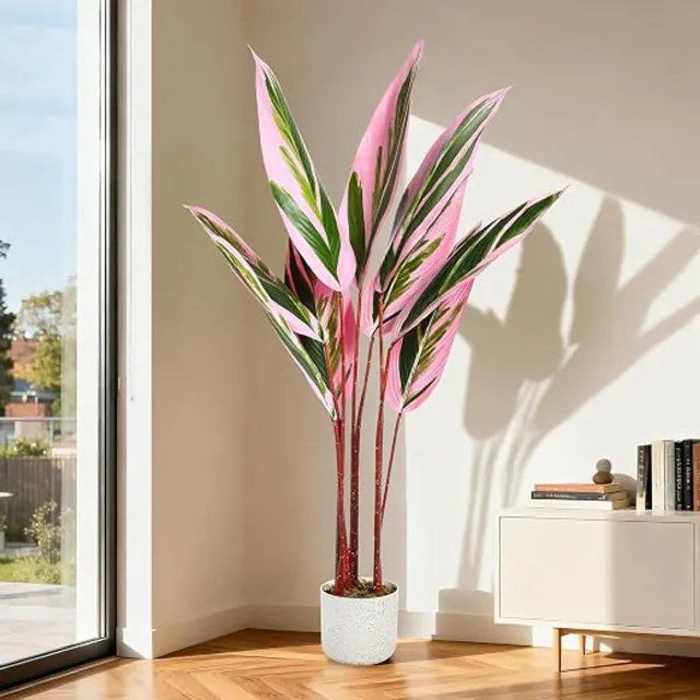 Triumpunpre Kunst Calathea 120cm - UV-bestendig - Stevige verzwaarde pot voor tuin, balkon en kantoordecoratie Groen en roze