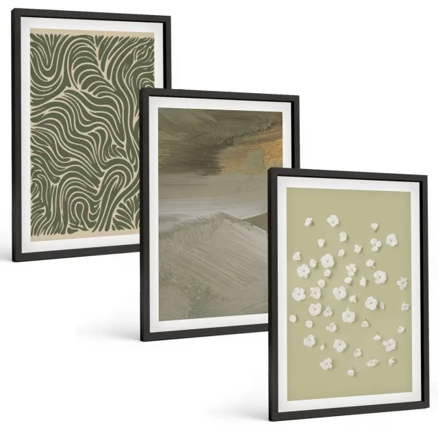 Coloray 3-Delige Schilderij Set - Golvende En Abstracte Patronen Met Boho-Bloemen - 40 x 60 cm - Muurdecoratie - Schilderijen Set - Woonkamer - Interieur Decoratie Zwarte lijst
